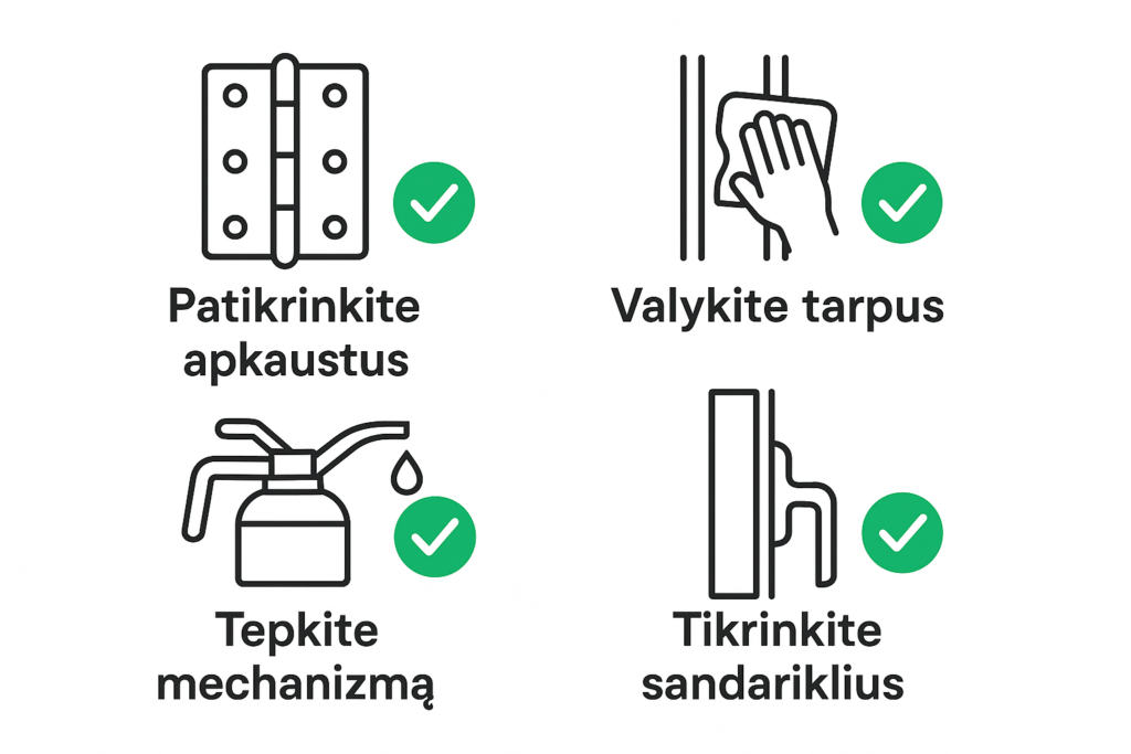 Langų mikroventiliacijos priežiūros kontrolinis sąrašas: patikra, valymas, tepimas, sandariklių patikra